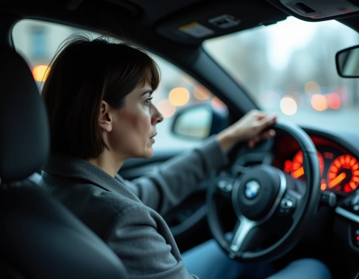 Conductrice inquiète face aux voyants d'alerte allumés sur le tableau de bord BMW, incluant le symbole airbag et le frein