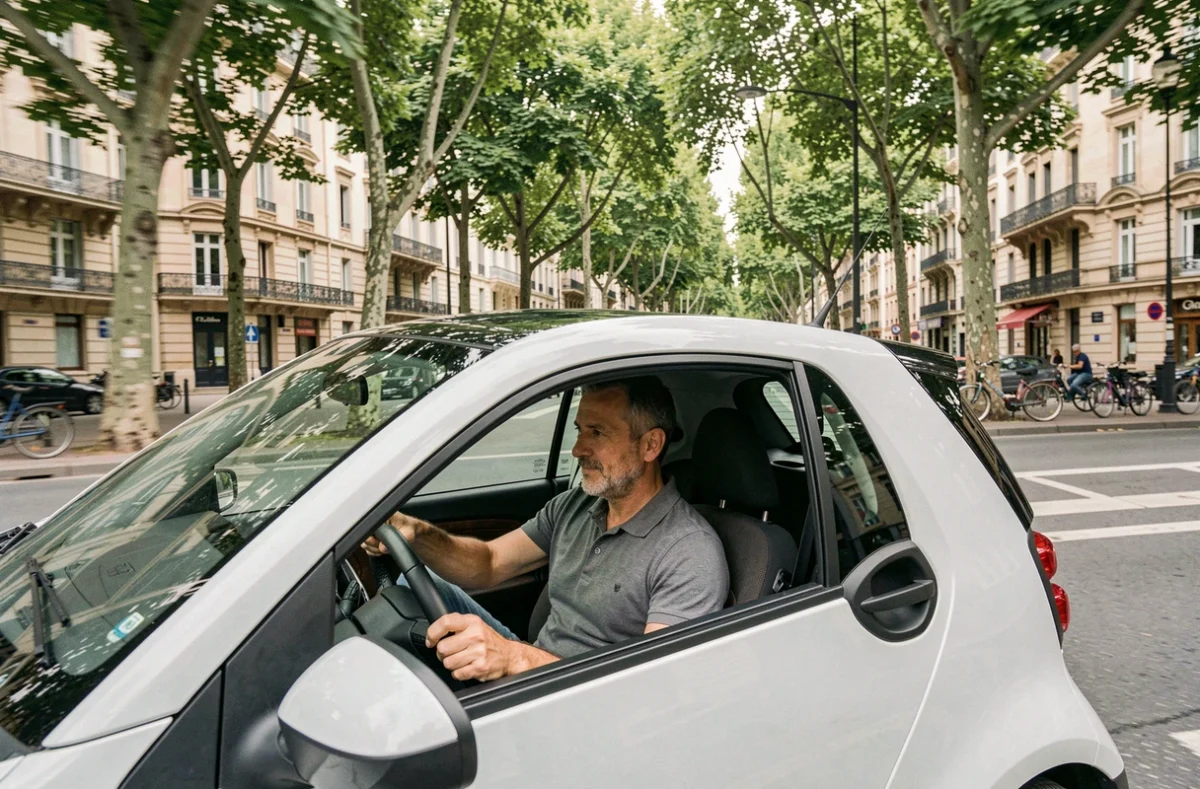 Homme conduisant une voiture sans permis en location sur un boulevard arboré de Tarbes