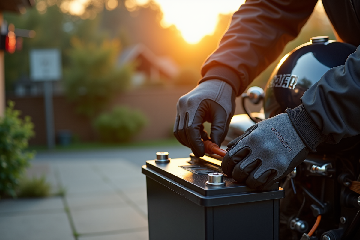 Mains gantées connectant la batterie d