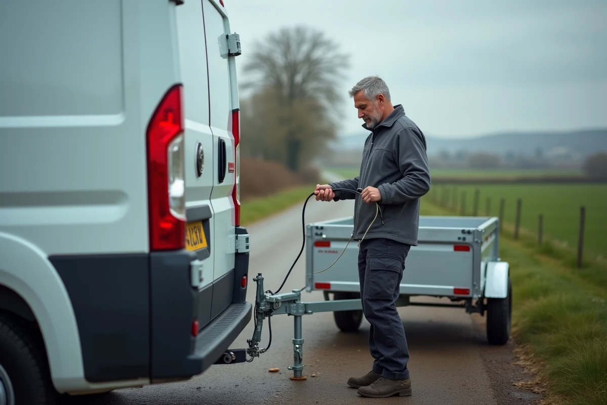 Homme connectant le câble électrique d'une remorque freinée avec câble de sécurité sur une route rurale en graviers