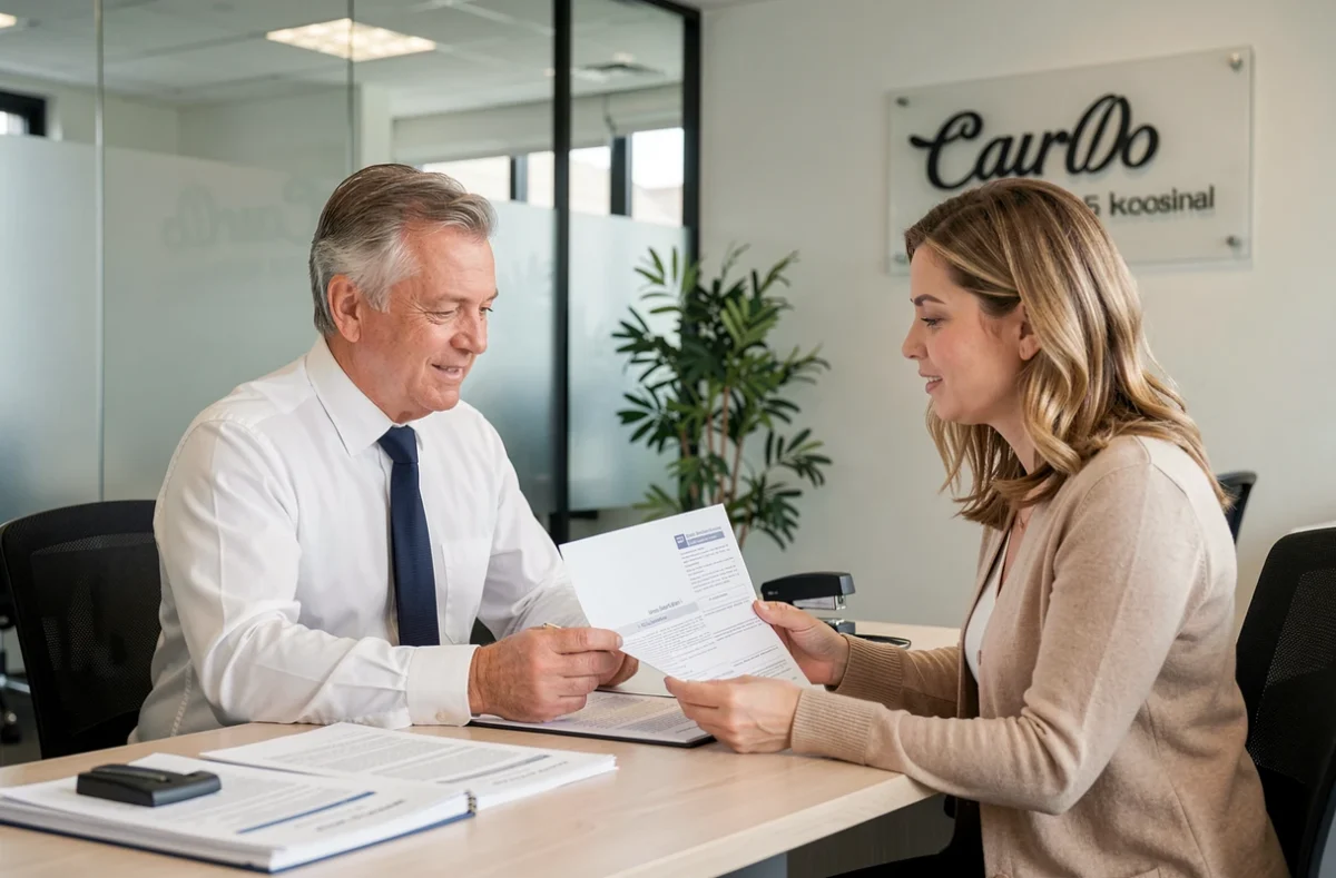 Conseiller en assurance expliquant un contrat Alliance à une cliente dans une agence professionnelle