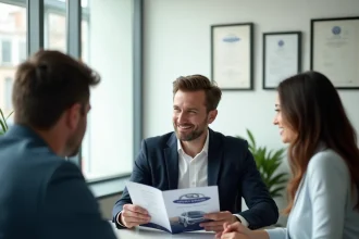 Conseiller en assurance auto expliquant à un couple comment le choix de la marque de voiture peut réduire leurs frais d'assurance