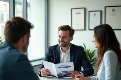 Conseiller en assurance auto expliquant à un couple comment le choix de la marque de voiture peut réduire leurs frais d'assurance