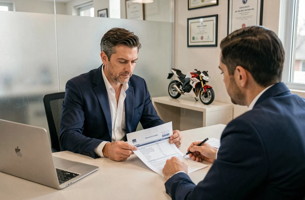 Agent d'assurance et motard professionnel examinant un contrat d'assurance moto professionnelle dans un bureau