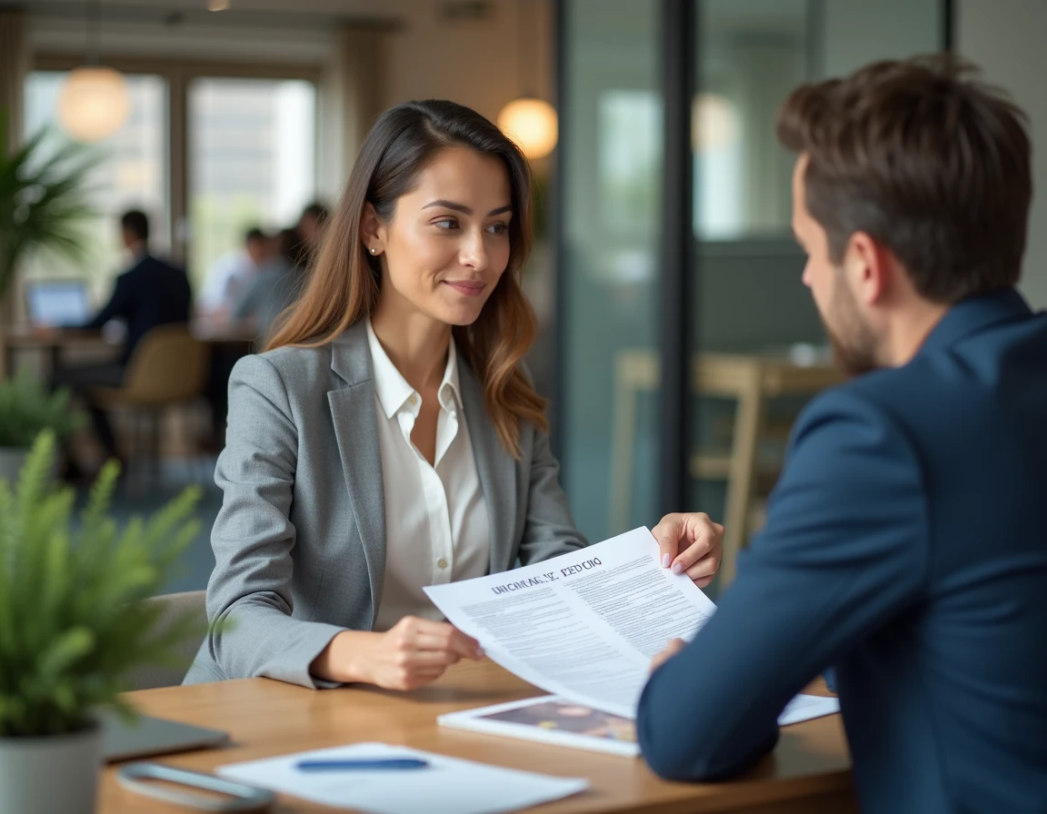 Conseillère en assurance présentant un contrat multirisque professionnel à un client VTC