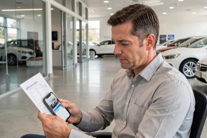 Homme consultant un rapport historique de véhicule avec numéro VIN dans une concession automobile moderne