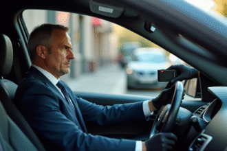 Homme en costume dans une voiture lors d’un contrôle d’alcoolémie