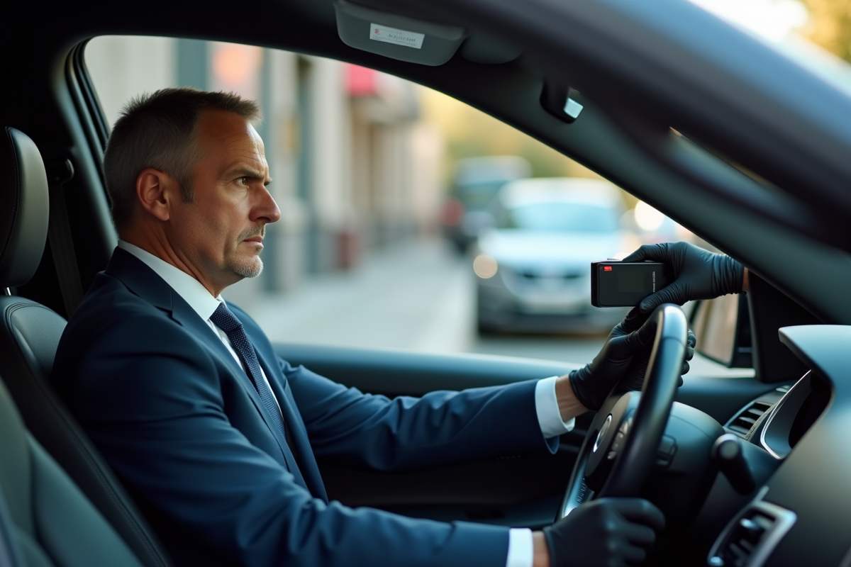 Homme en costume dans une voiture lors d’un contrôle d’alcoolémie
