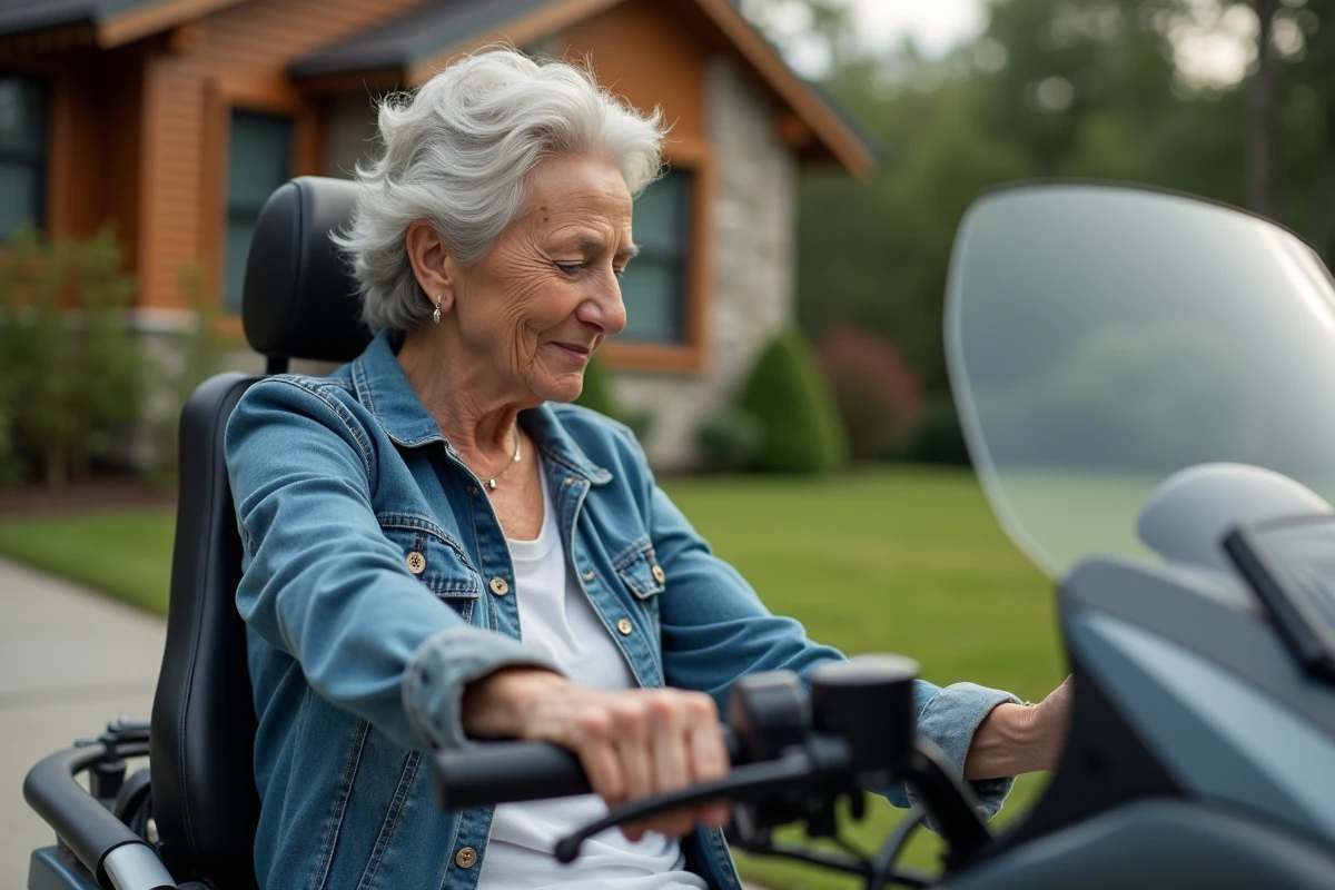 Femme âgée vérifiant la ceinture de sécurité dans une moto