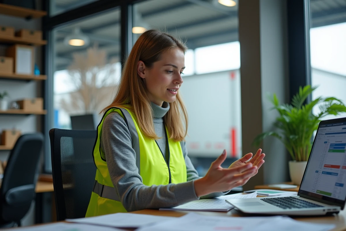 Coordinatrice logistique consultant la réglementation d'interdiction de circulation poids lourd dans un bureau de société de transport