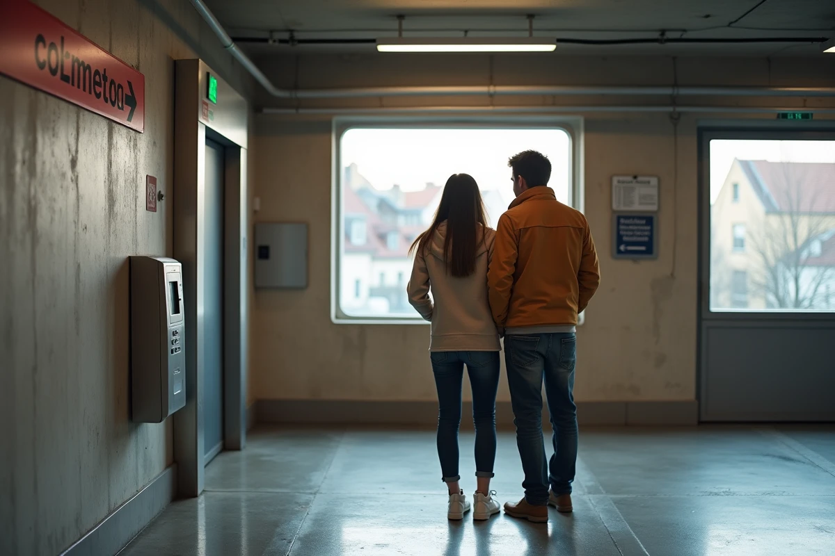 Jeune couple achetant un billet dans un parking à Colmar