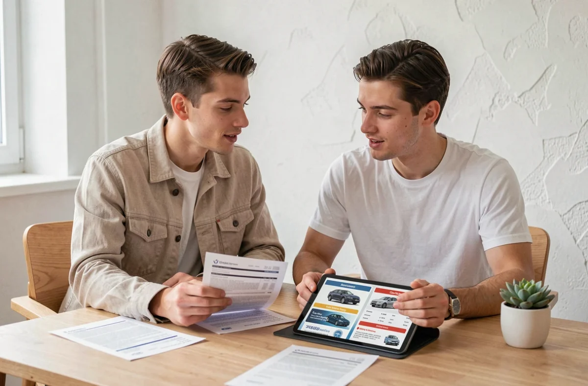Couple comparant des offres d'assurance auto sur tablette et documents imprimés dans un bureau à domicile