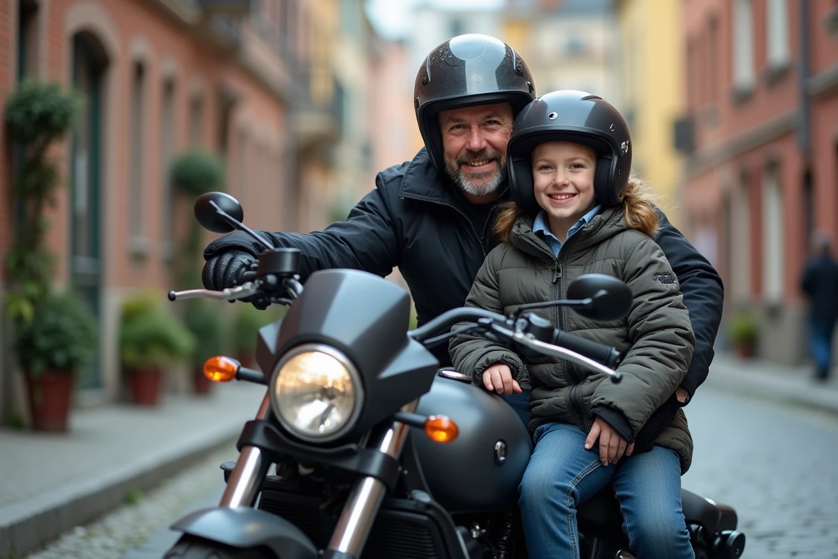 Homme et jeune fille en équipement moto sur une moto en ville