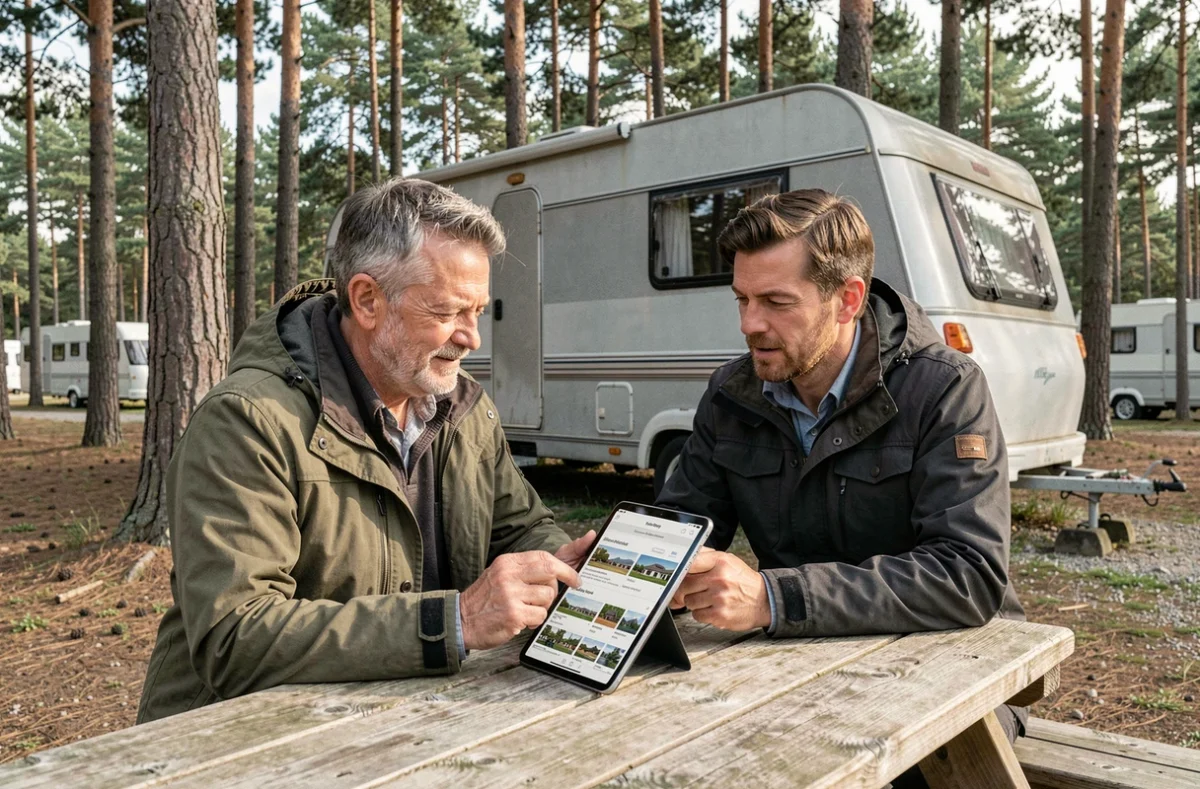 Couple consultant des annonces de caravanes d'occasion sur tablette en extérieur, tendances marché 2026