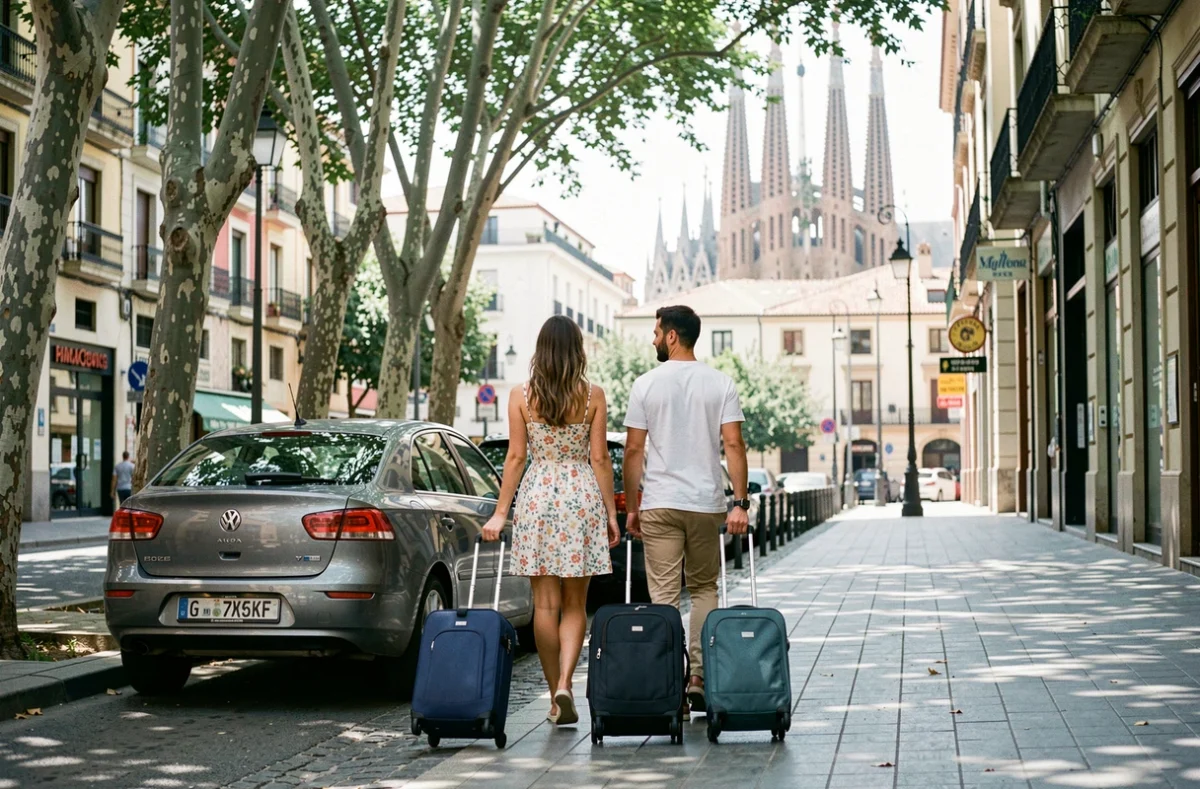 Couple de touristes se rendant à pied à la Sagrada Família après avoir garé leur voiture gratuitement dans le quartier Gràcia à Barcelone