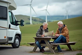 Couple souriant avec leur camping-car en campagne