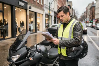 Coursier moto professionnel consultant ses documents d'assurance devant sa moto de livraison en milieu urbain