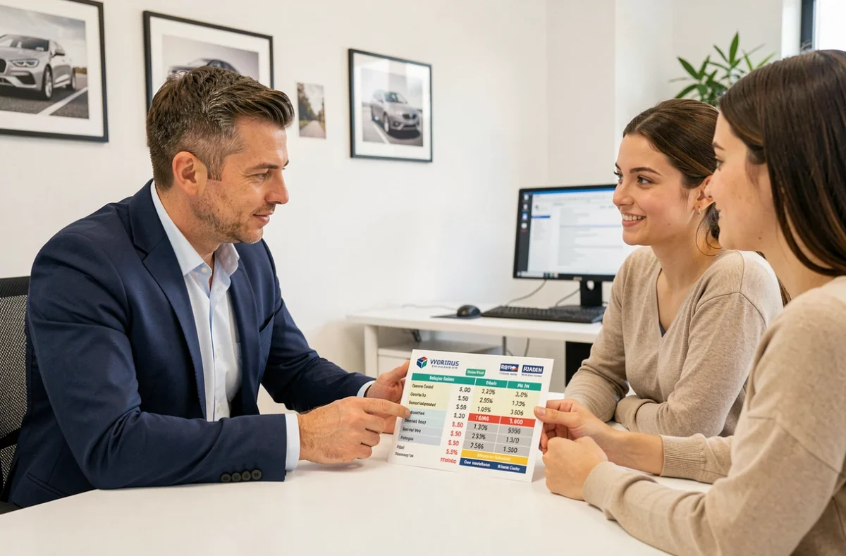 Courtier en assurance présentant un comparatif de tarifs selon la marque de véhicule à un couple dans une agence