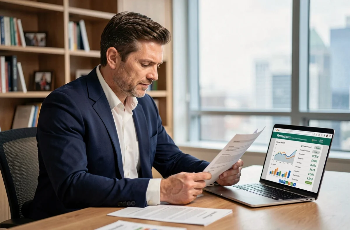 Courtier en assurance analysant les cotisations élevées d'une assurance voiture sportive dans un bureau moderne