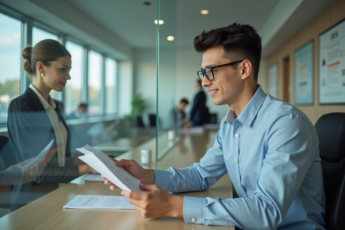 Jeune homme remettant un dossier à un agent administratif