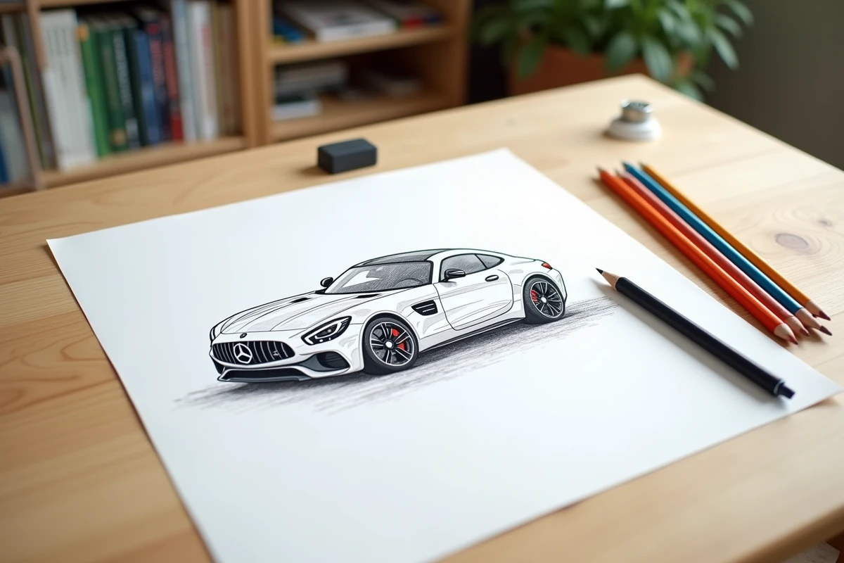 Dessin de voiture réaliste imprimé sur papier blanc entouré de crayons de couleur sur une table en bois