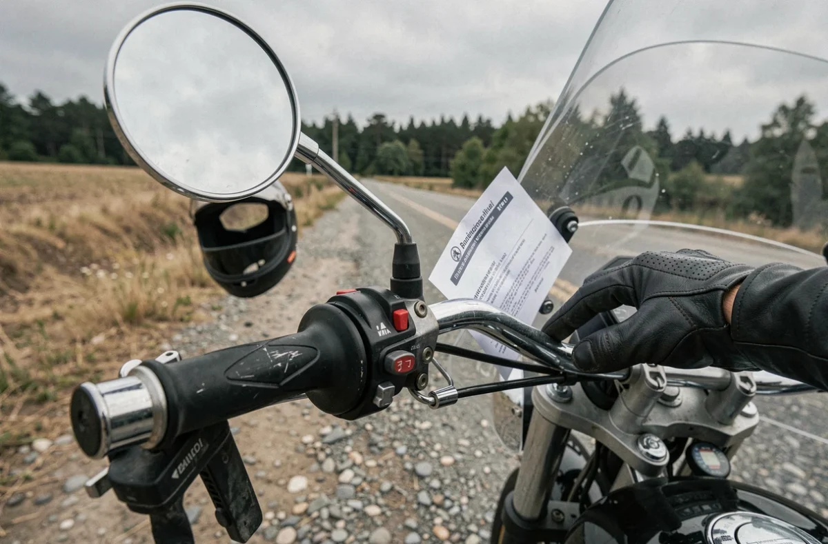 Détail d'une moto avec attestation d'assurance et gants de conducteur, symbole de l'assurance obligatoire pour jeune motard