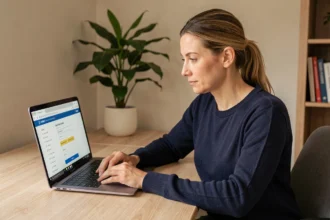 Femme obtenant un devis d'assurance auto en ligne sur son ordinateur portable depuis son bureau à domicile