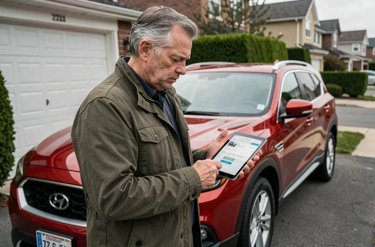 Homme d'âge mûr consultant un devis assurance auto en ligne sur tablette devant son SUV dans son allée