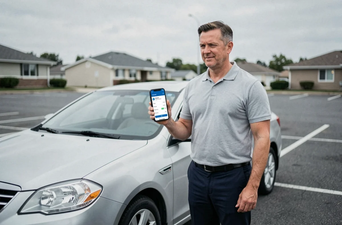 Homme consultant un devis d'assurance automobile par marque de voiture sur son smartphone dans un parking