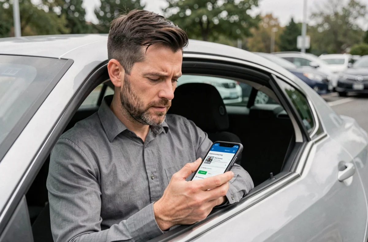 Homme consultant un devis d'assurance auto sur smartphone assis dans sa voiture garée
