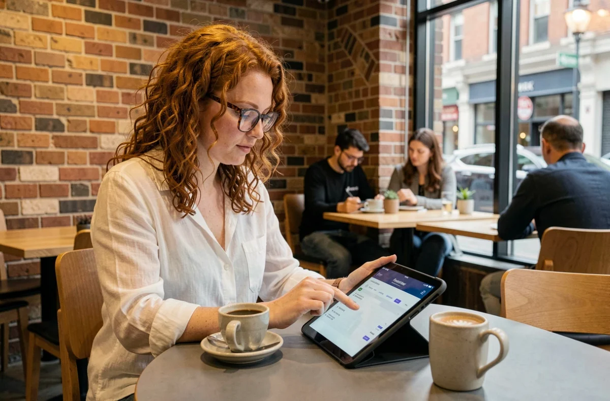 Jeune femme comparant des devis d'assurance auto sur une tablette dans un café moderne