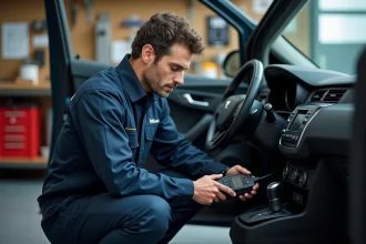 Mécanicien branchant un scanner OBD2 sur une Peugeot pour diagnostiquer le code défaut P1445 dans un garage domestique