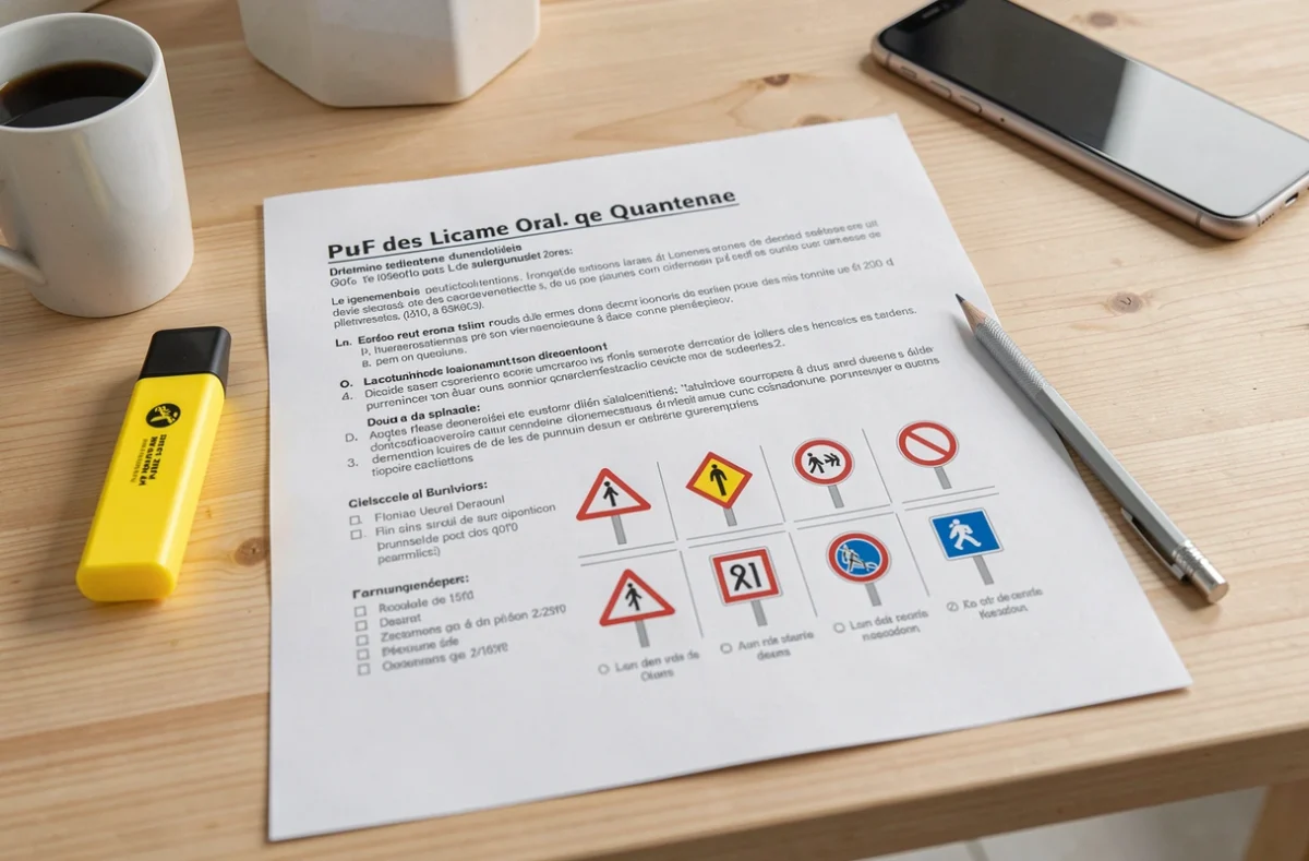 Document PDF imprimé avec les questions de vérification de l'oral du permis de conduire posé sur une table avec un surligneur