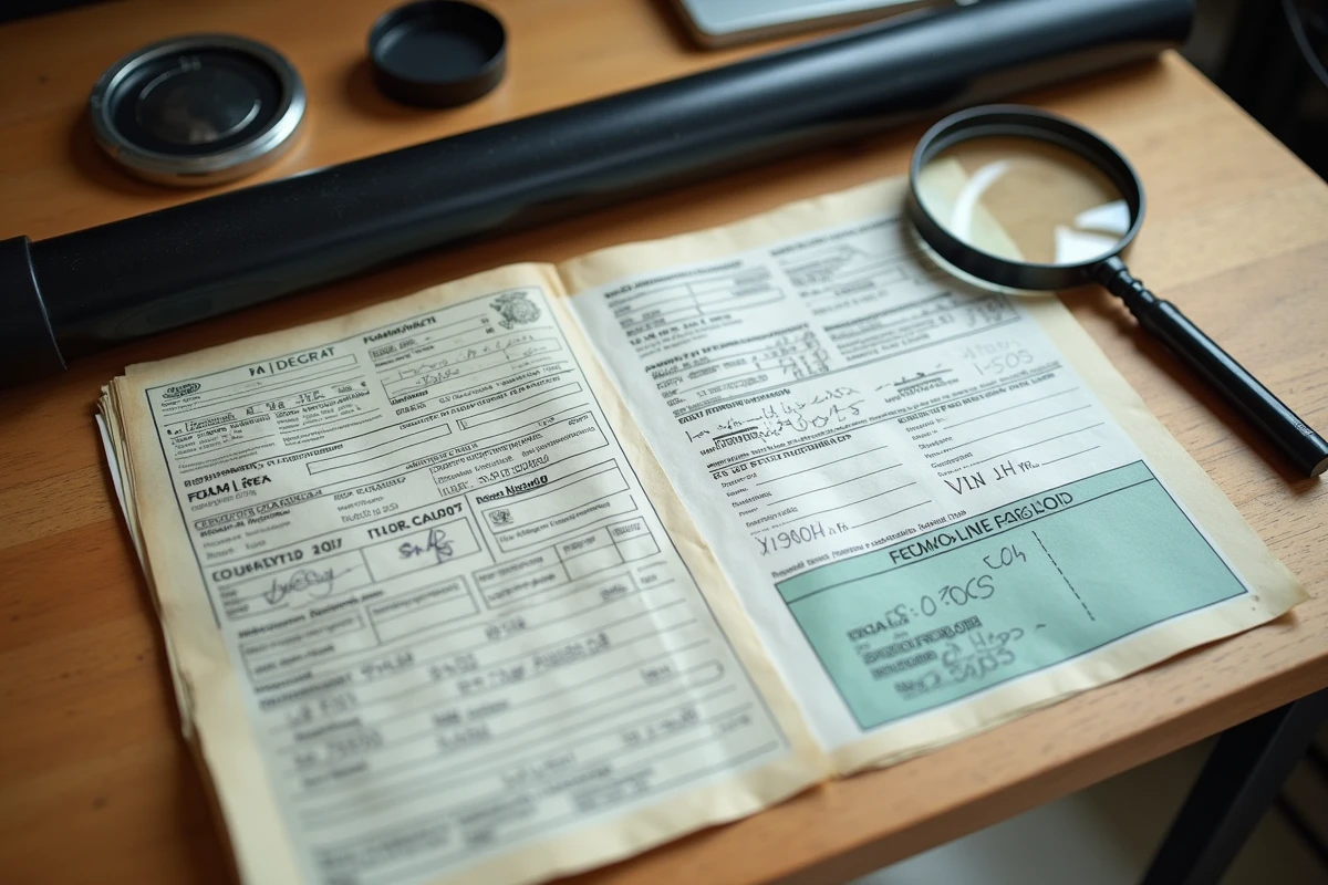 Documents d'homologation FIA et plaque VIN originaux d'une Peugeot 306 Maxi posés sur un établi pour vérification d'authenticité