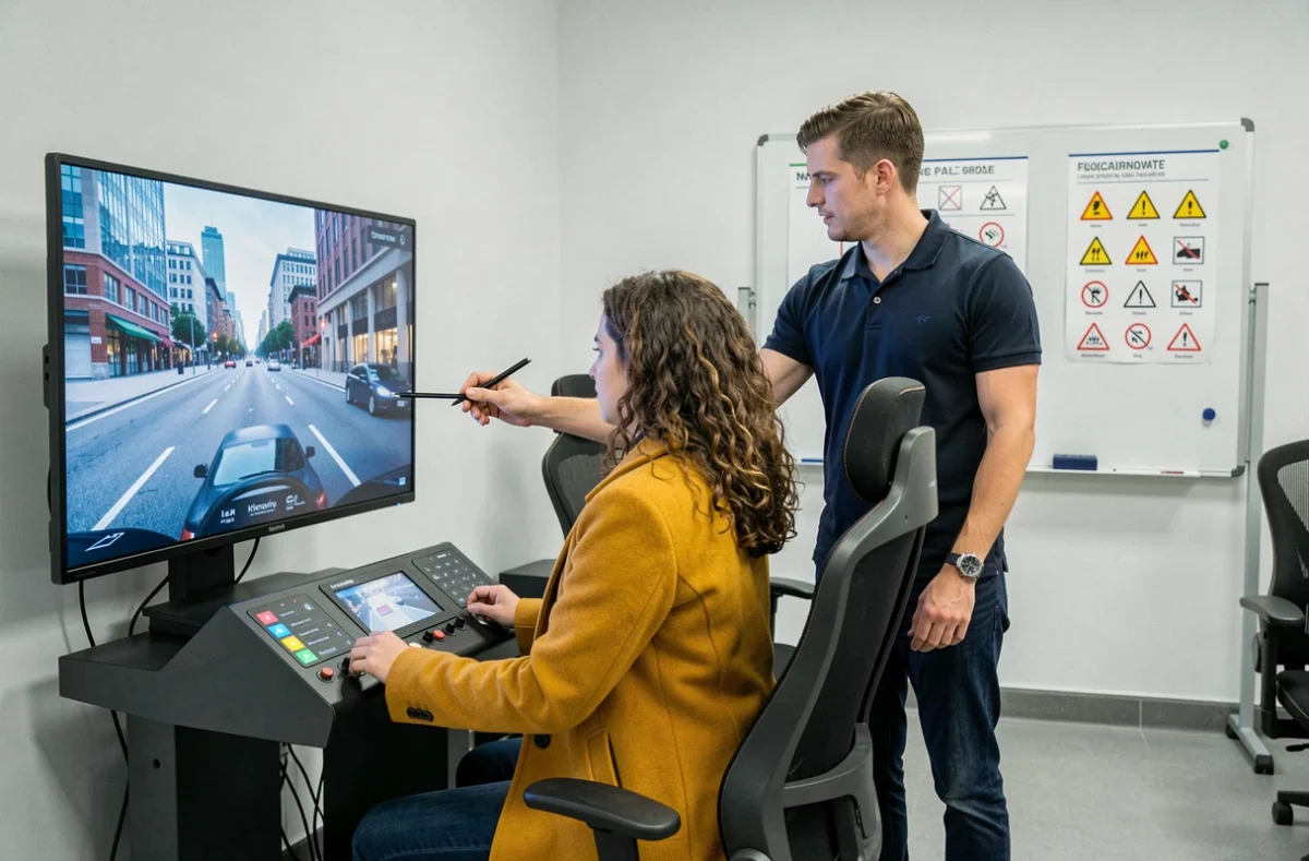 Une élève sur simulateur de conduite dans les locaux de Driving School Le Jaurès