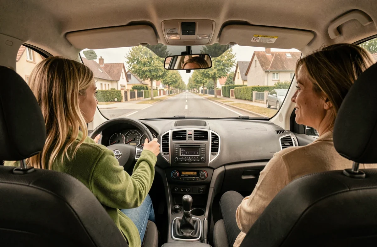 Élève conduisant sous la supervision d'une monitrice de Driving School Les Portiques à La Motte-Servolex