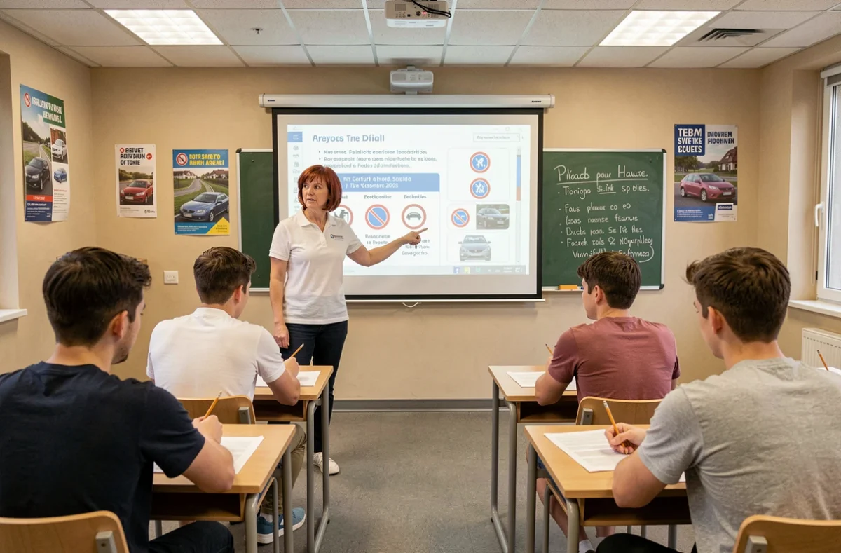 Une monitrice de l'École de Conduite Française Picton animant un cours de code de la route