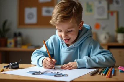 Enfant dessinant une voiture réaliste au crayon sur papier blanc à son bureau en bois