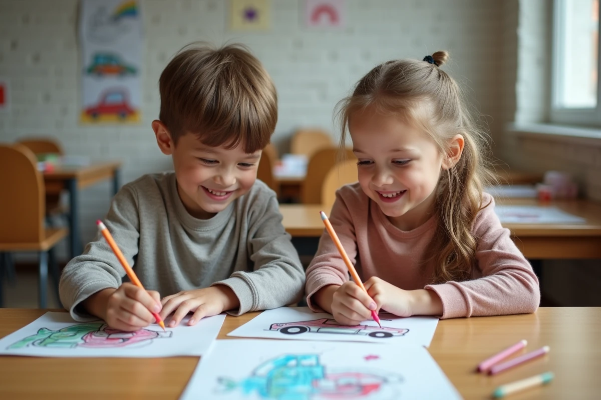 Deux enfants coloriant des dessins de voiture imprimés ensemble dans une salle de classe artistique