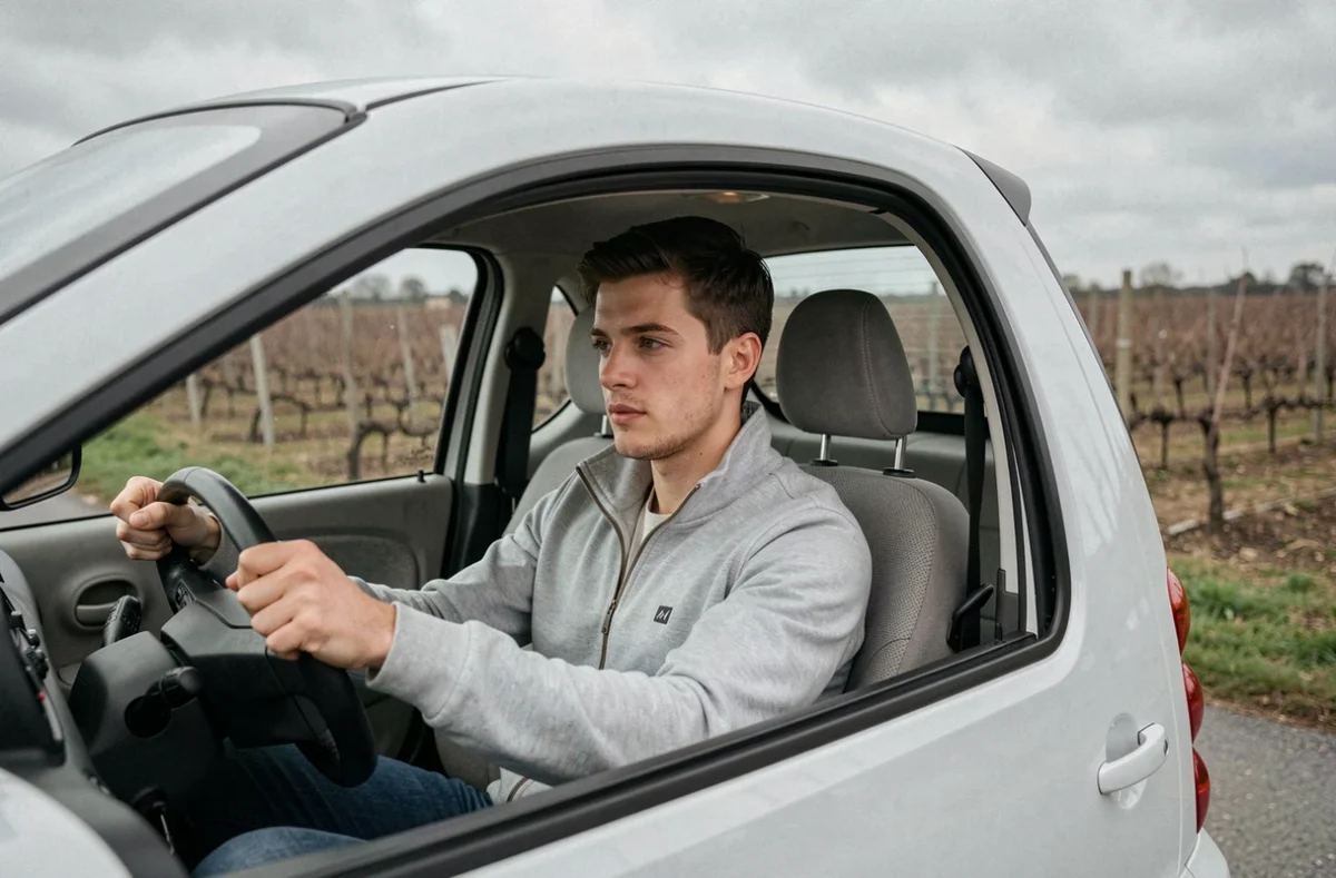 Jeune conducteur testant une voiture sans permis d'occasion en périphérie de Reims