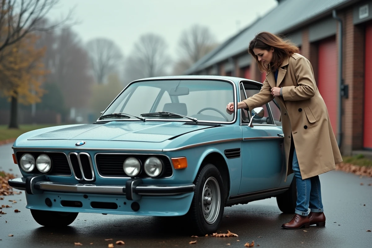 Femme examinant la carrosserie d'une BMW 3.0 CSL d'occasion en extérieur, recherche de rouille et de retouches de peinture avant achat