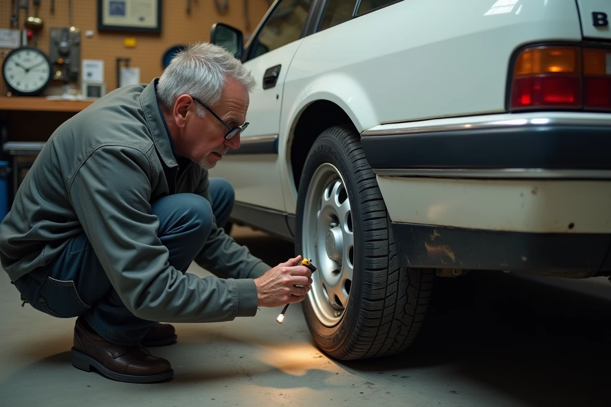 Expert automobile inspectant les soudures et estampilles de châssis d'une 306 Maxi pour vérifier son authenticité
