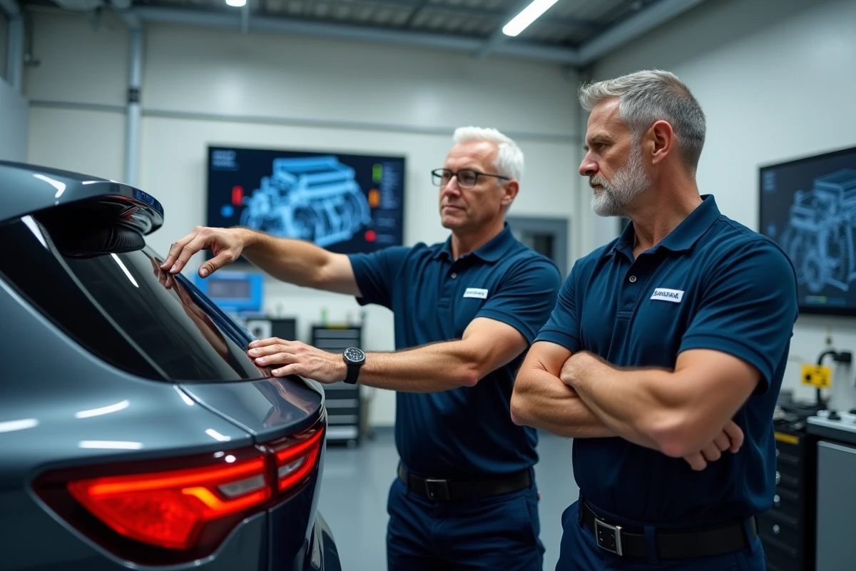 Deux experts diesel analysant les données de diagnostic OBD d'un véhicule SUV diesel dans un centre automobile spécialisé