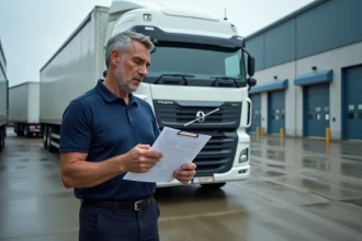 Exploitant transport vérifiant une check-list réglementaire sur un clipboard devant un poids lourd dans un dépôt logistique
