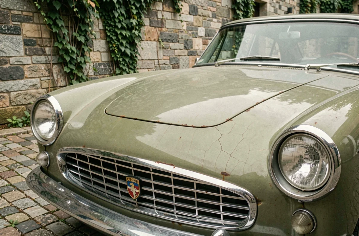 Face avant d'une voiture européenne classique des années 1960 garée dans une cour pavée, avec l'emblème d'origine sur la calandre chromée et une carrosserie vert olive fanée