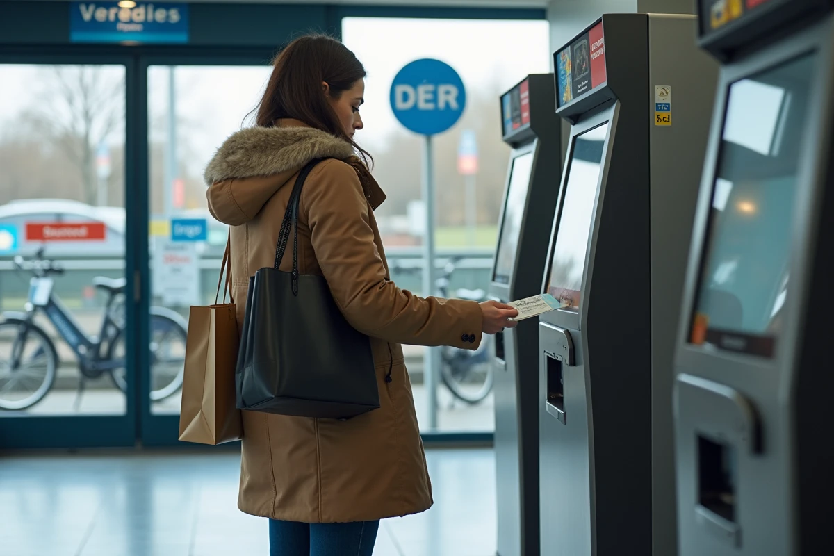 Jeune femme achetant un ticket dans une station RER moderne