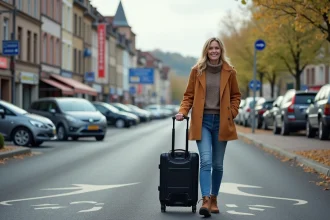 Femme souriante arrivant à Colmar avec sa valise