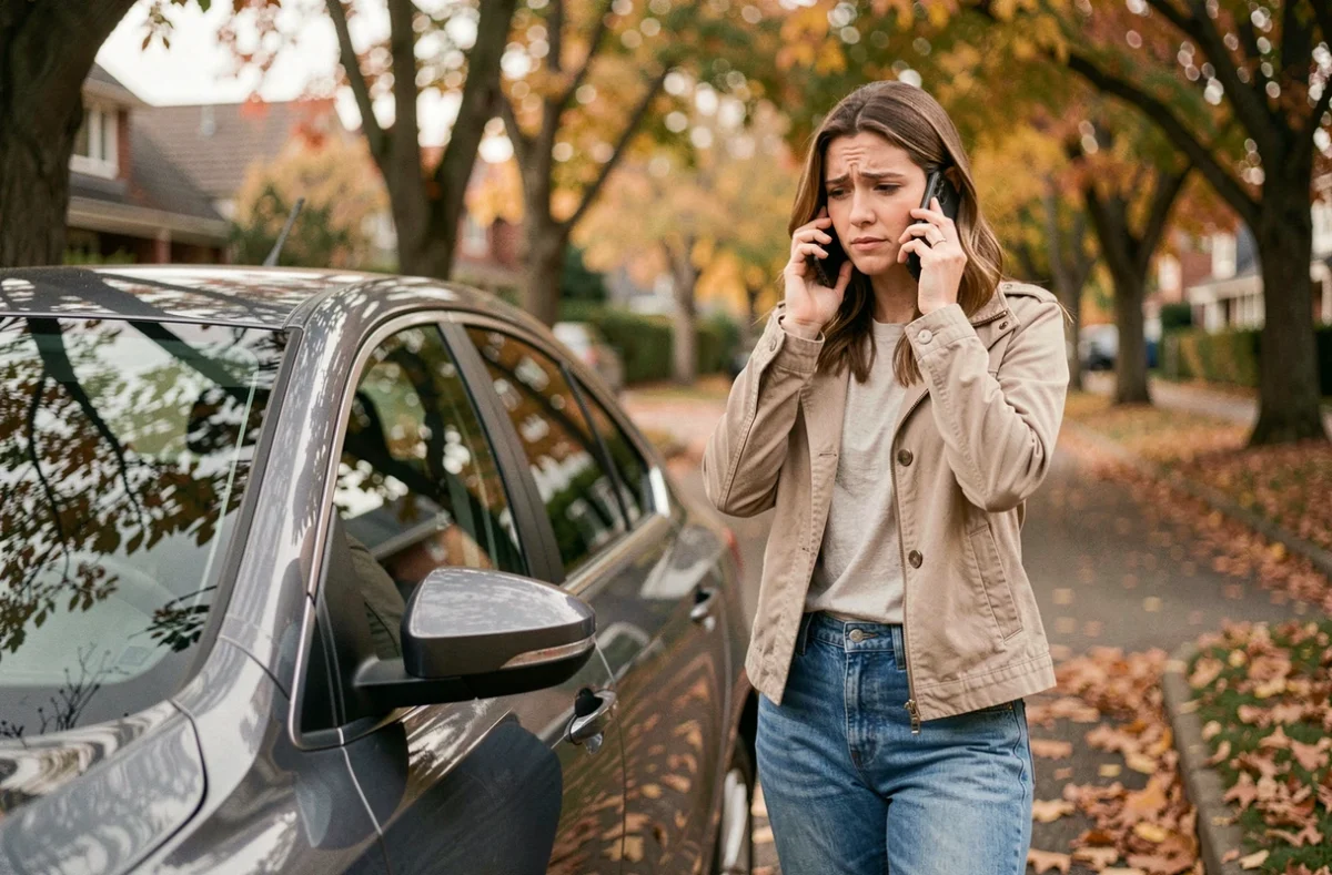 Femme appelant une assistance routière après avoir verrouillé ses clés à l'intérieur de sa voiture