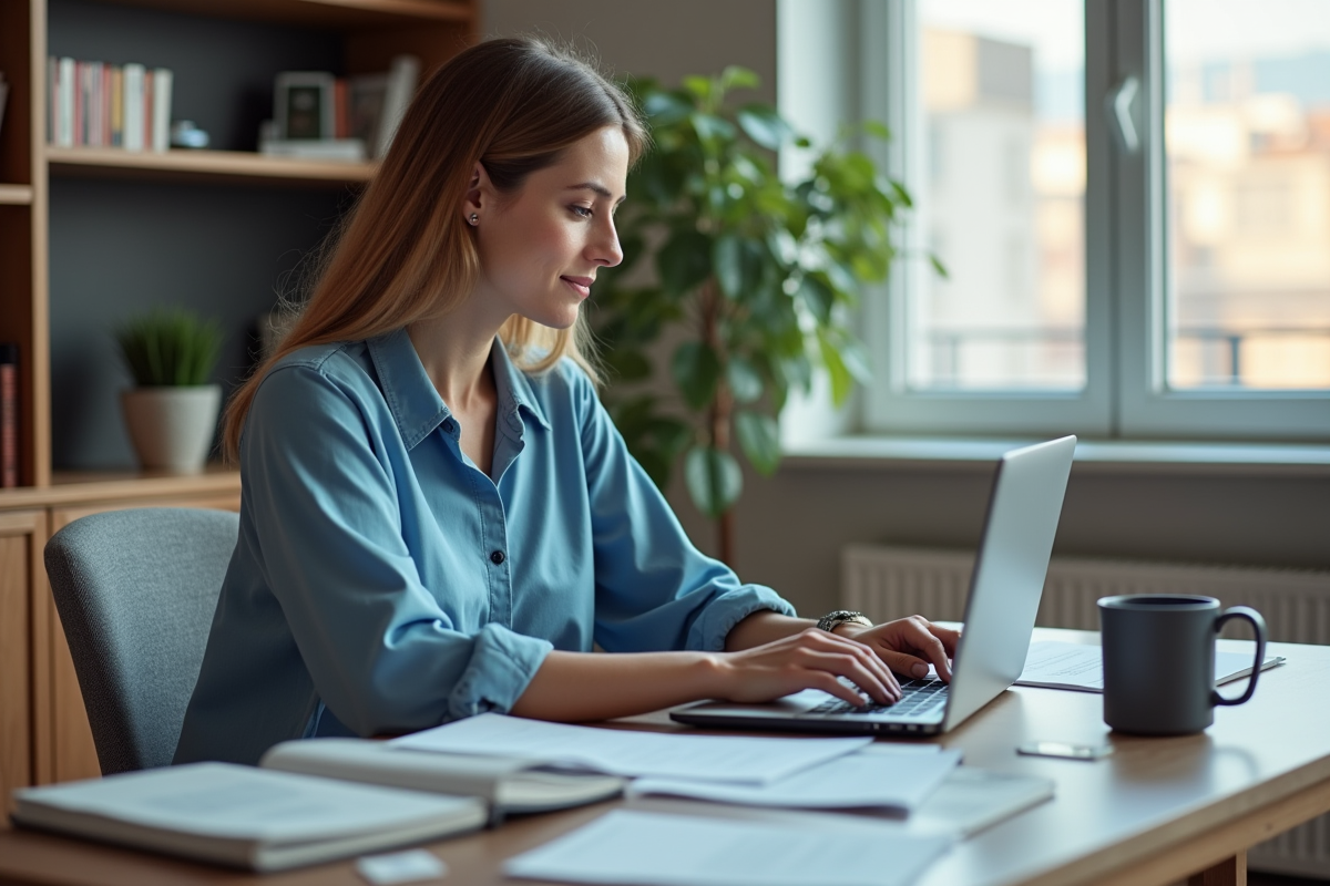 Femme au bureau à domicile travaillant sur son ordinateur