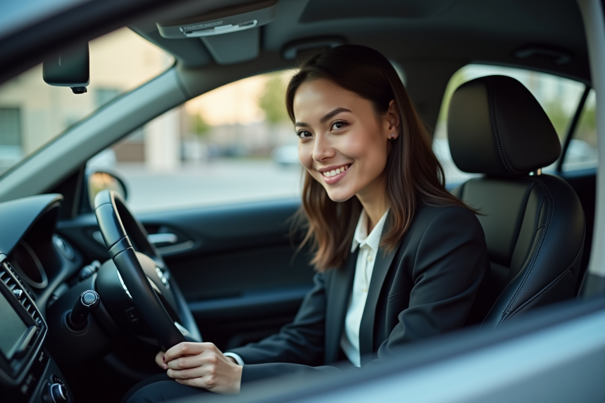 Jeune femme en voiture attachant sa ceinture de sécurité